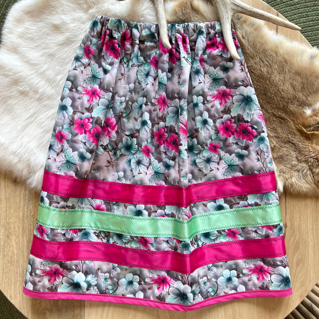 Vi's CREE-ations Pink & Green Floral Girls Ribbon Skirt