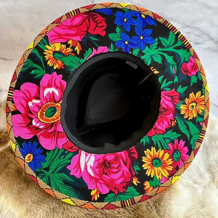 Shelley M Black Beaded Brim Hat with Kokum Scarf Underside