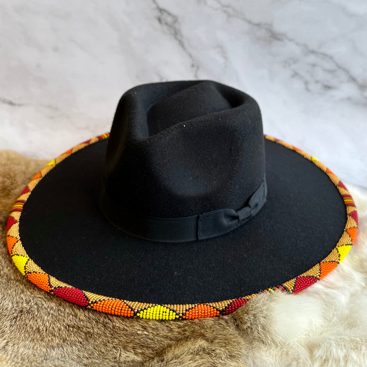 Shelley M Black Beaded Brim Hat with Kokum Scarf Underside
