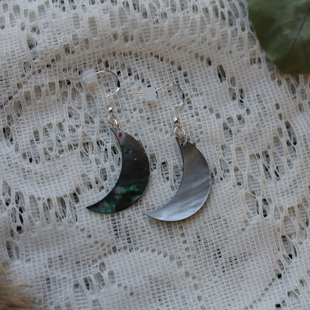 Prairie Sage Beadwork Black Mother of Pearl Shell Crescent Moon Earrings