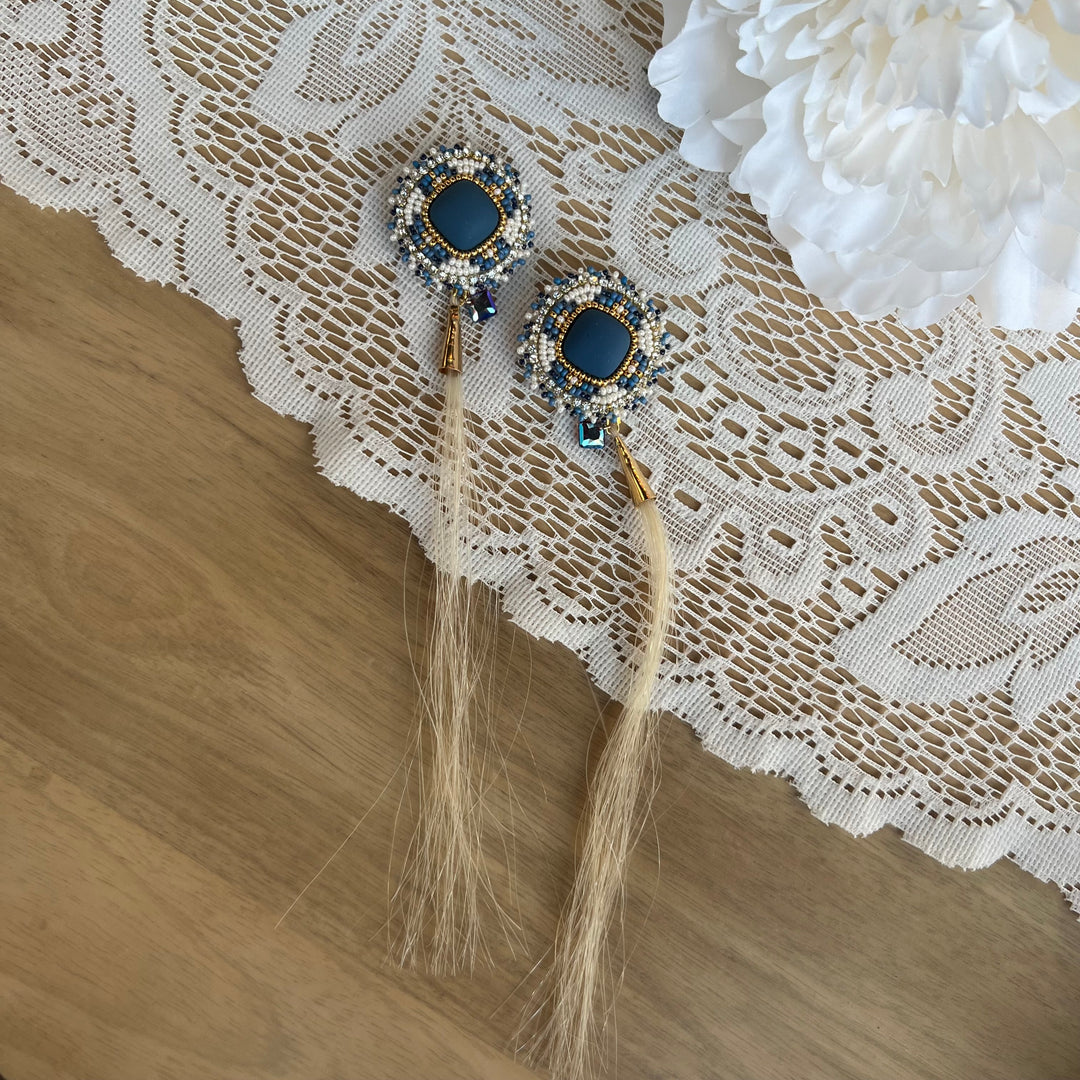 Emmiline Beadz Denim & Cream Beaded Earrings