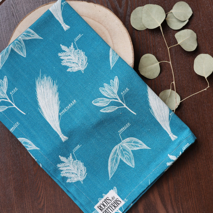 Roots and Patterns Our Medicines Teal Tea Towel