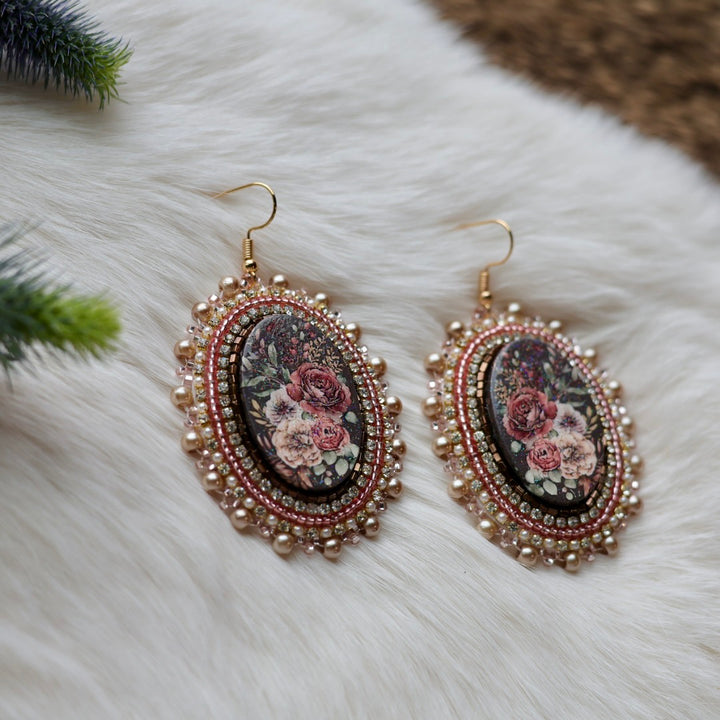 Mercedes G. Pink Champagne Floral Cab Beaded Earrings