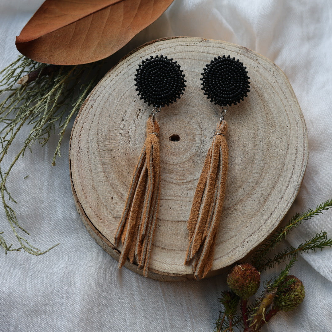 Boreal Forest Beads Simple Beaded Moose Hide Tassel Earrings