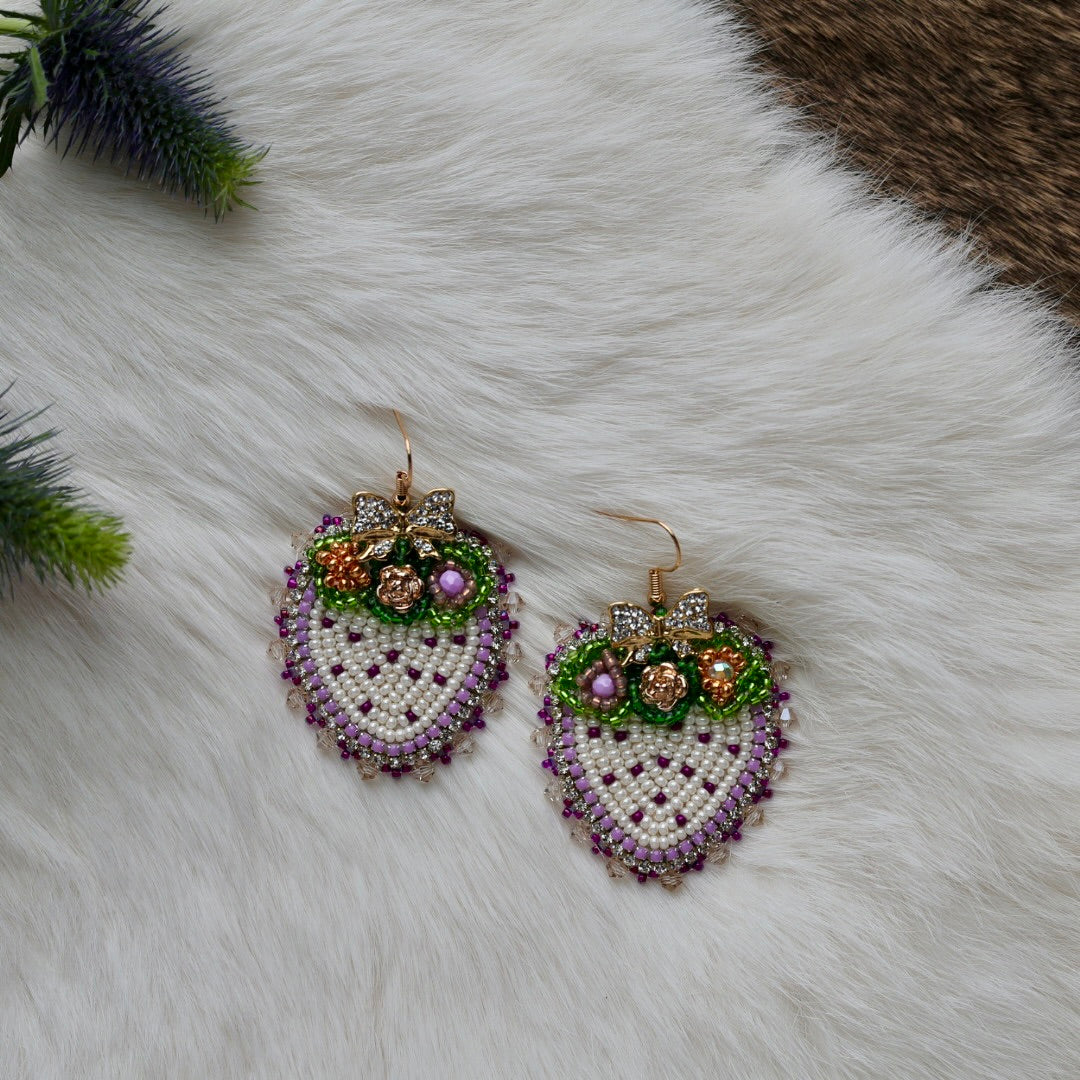 Mercedes G. Purple Strawberry Bow Charm Beaded Earrings
