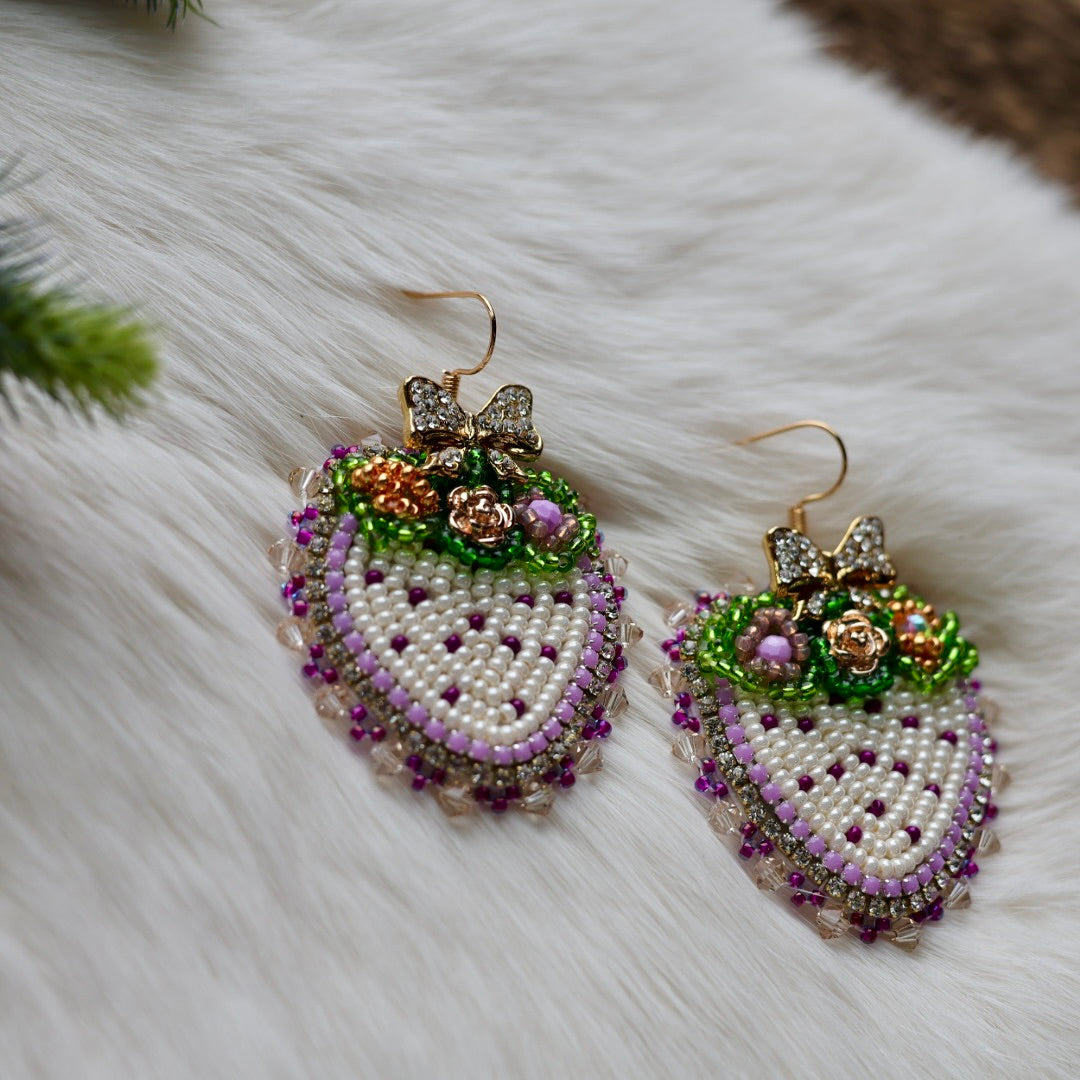 Mercedes G. Purple Strawberry Bow Charm Beaded Earrings