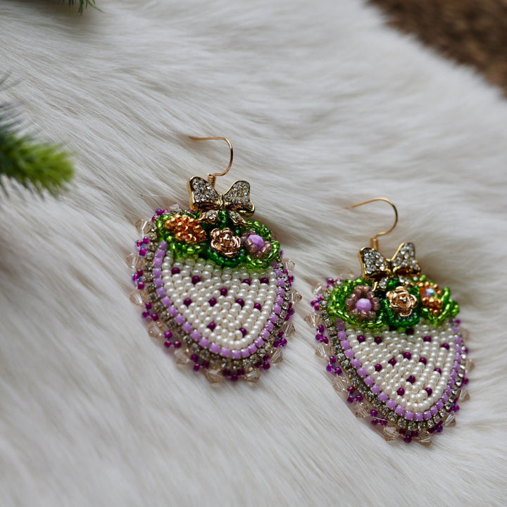 Mercedes G. Purple Strawberry Bow Charm Beaded Earrings