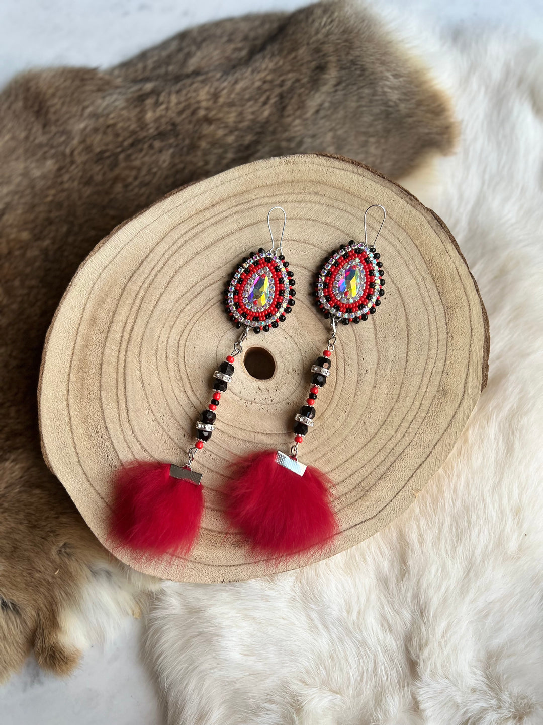 Helen O. Red Rabbit Fur Drop Earrings