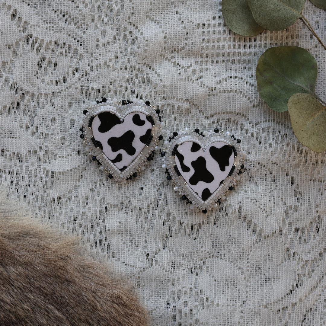 Prairie Sage Beadwork Cow Print Heart Beaded Earrings