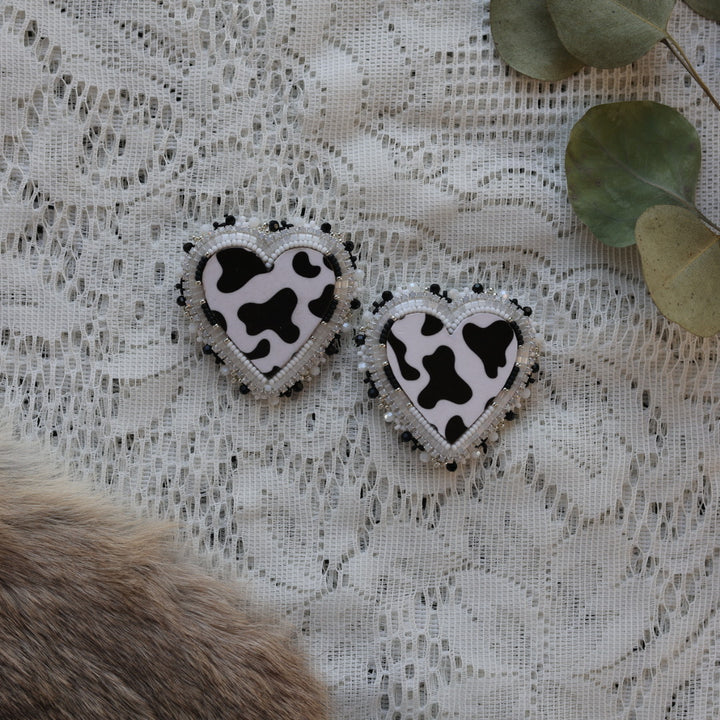 Prairie Sage Beadwork Cow Print Heart Beaded Earrings