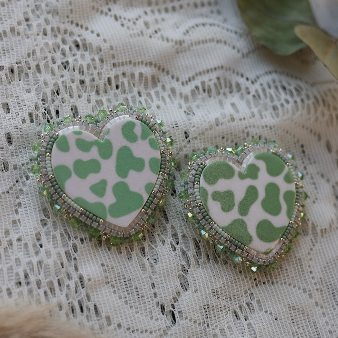 Prairie Sage Beadwork Cow Print Heart Beaded Earrings