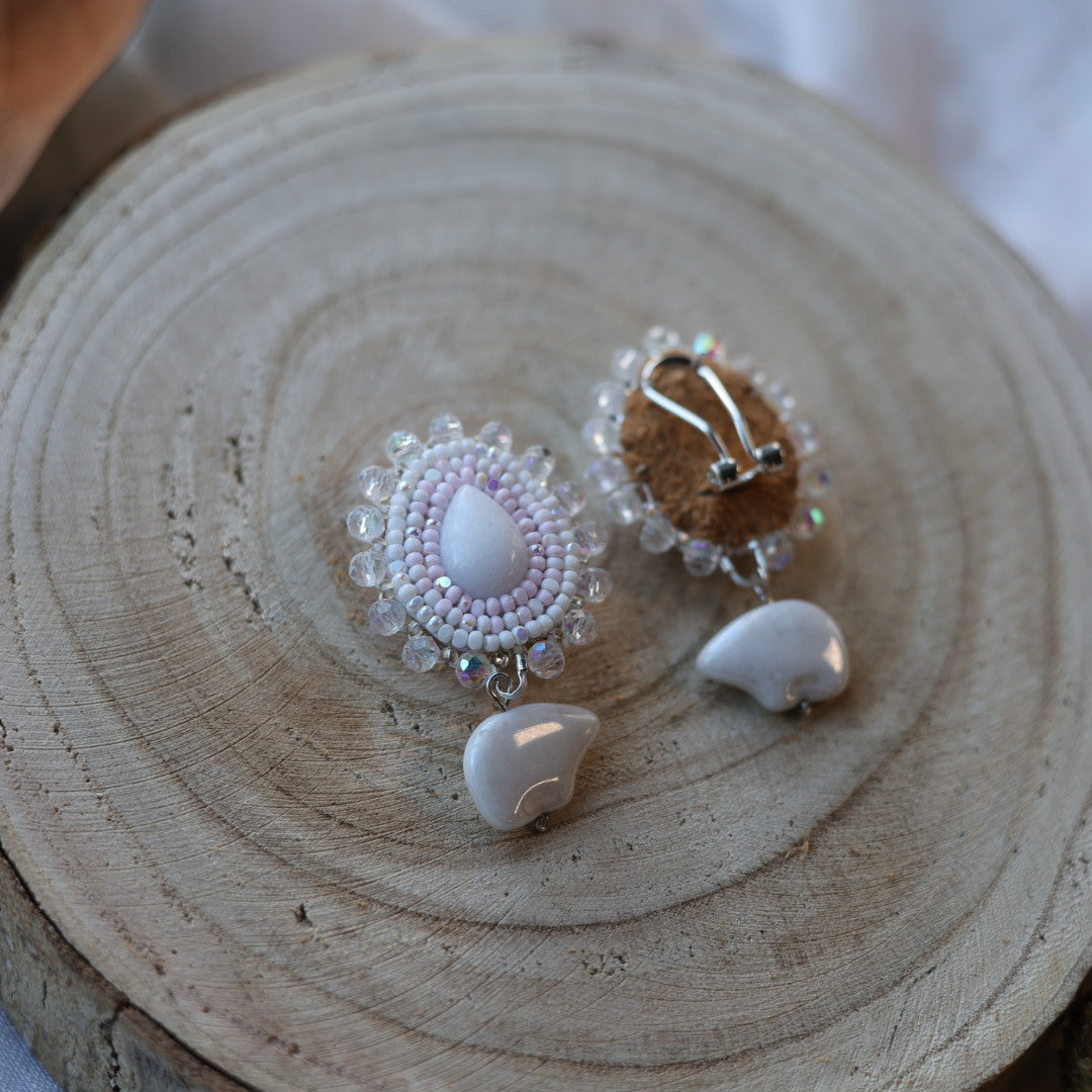 Boreal Forest Beads White Quartz Teardrop Beaded Earrings