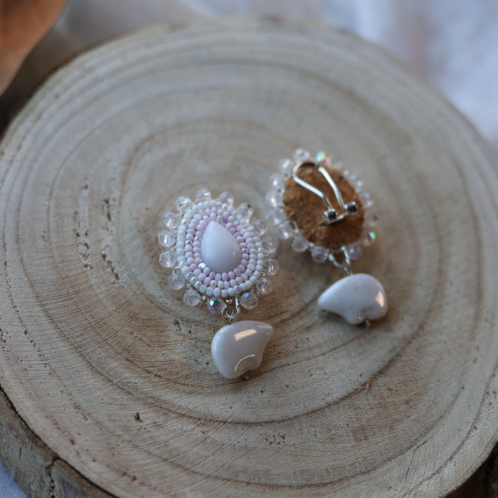 Boreal Forest Beads White Quartz Teardrop Beaded Earrings