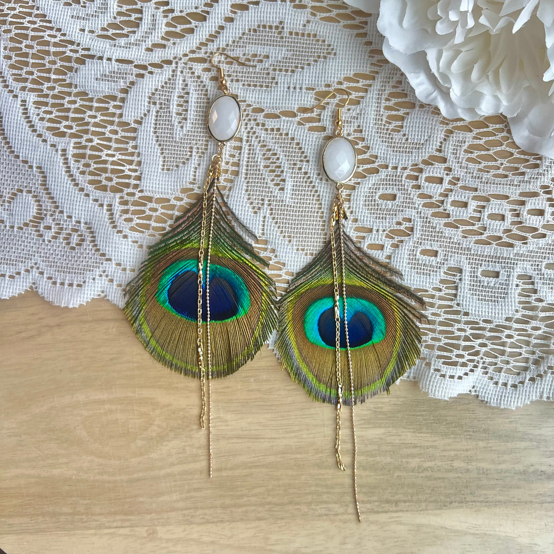 Emmiline Beadz White Jade Peacock Feather Earrings