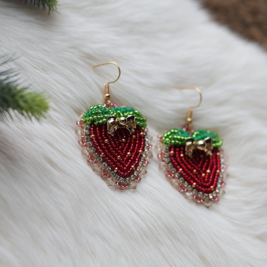 Mercedes G. Small Strawberry Bow Charm Beaded Earrings