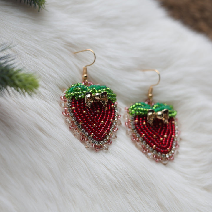 Mercedes G. Small Strawberry Bow Charm Beaded Earrings