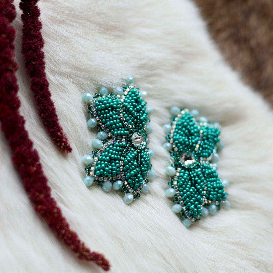 Mercedes G. Teal Raised Half Floral Earrings
