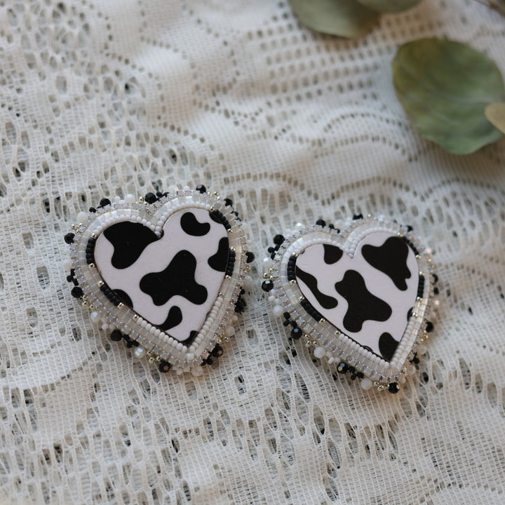 Prairie Sage Beadwork Cow Print Heart Beaded Earrings