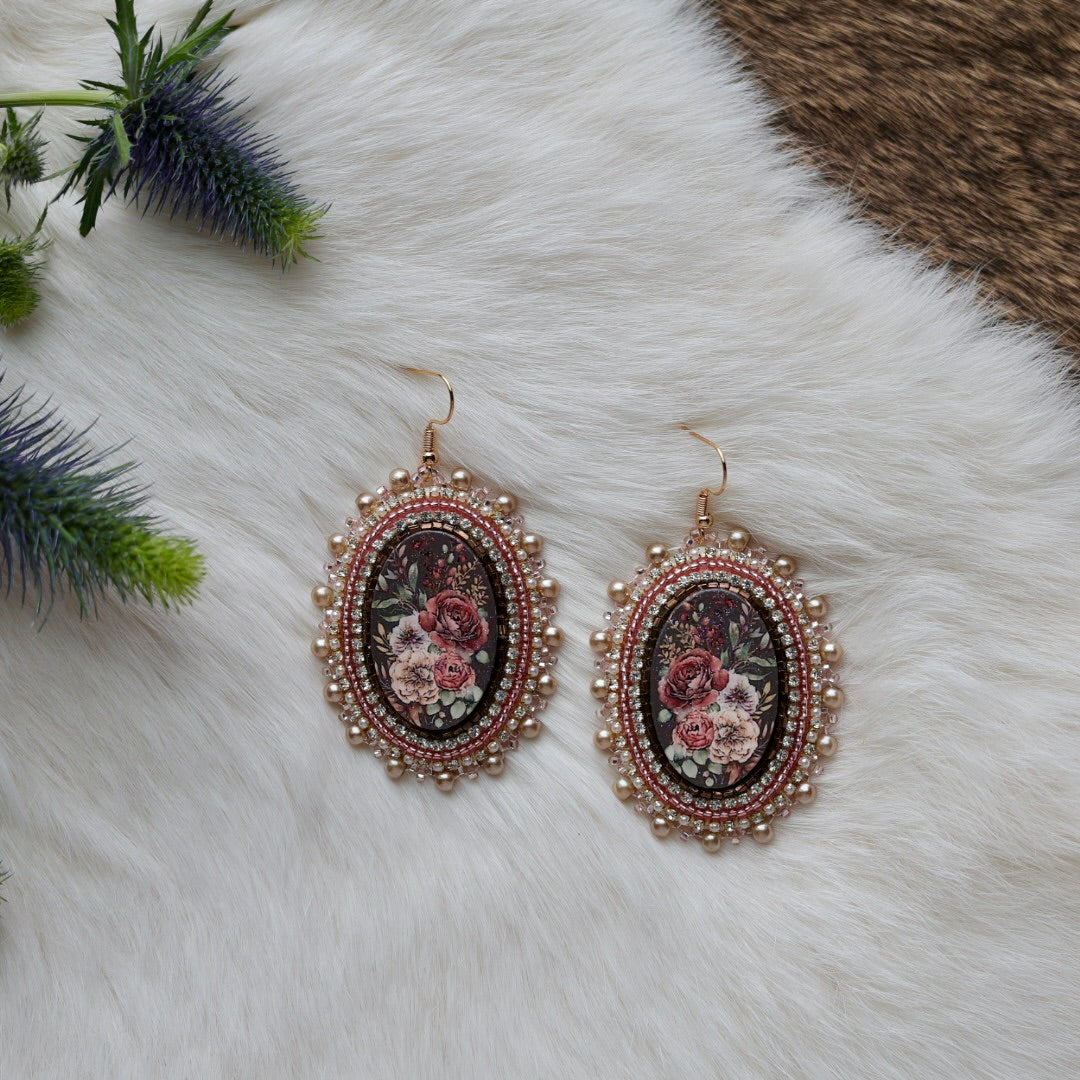 Mercedes G. Pink Champagne Floral Cab Beaded Earrings