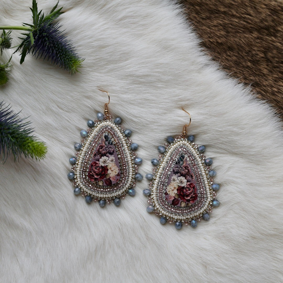 Mercedes G. Teardrop Floral Cab Beaded Earrings
