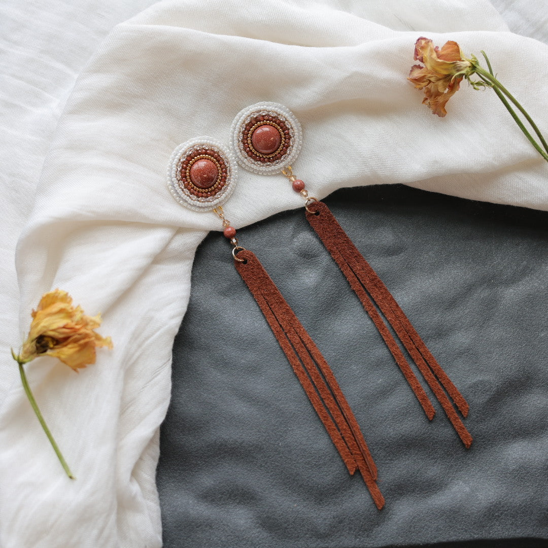 Beth Rose Designs Goldstone & Leather Fringe Earrings