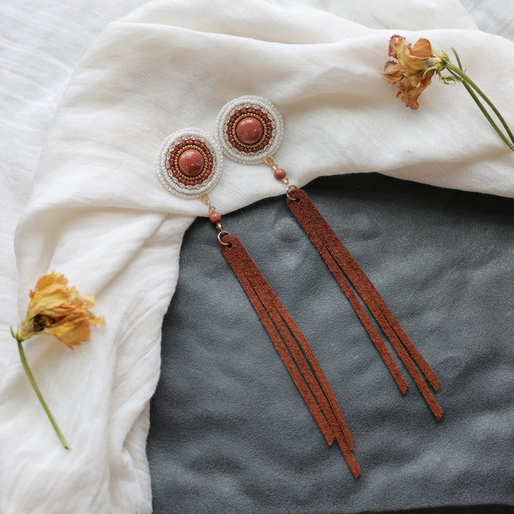 Beth Rose Designs Goldstone & Leather Fringe Earrings