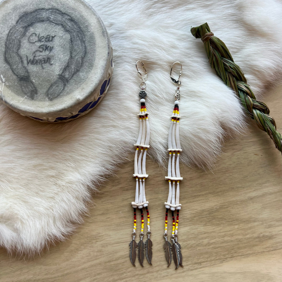 Clear Sky Woman Medicine Wheel Stacked Dentalium Earrings