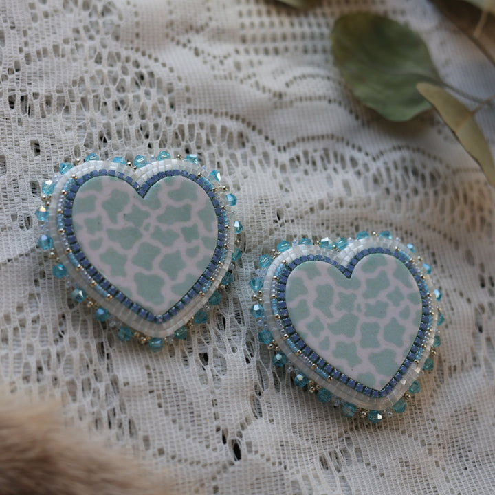 Prairie Sage Beadwork Cow Print Heart Beaded Earrings