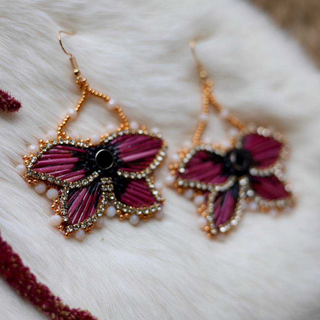 Mercedes G. Maroon Quill Half Floral Earrings