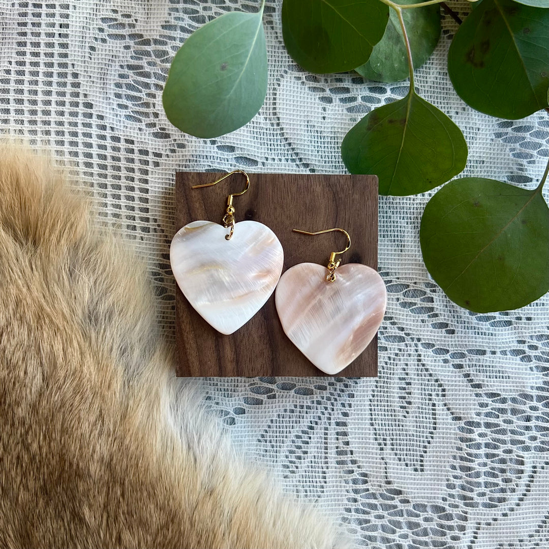 Prairie Sage Beadwork Mother of Pearl Heart Drop Earrings