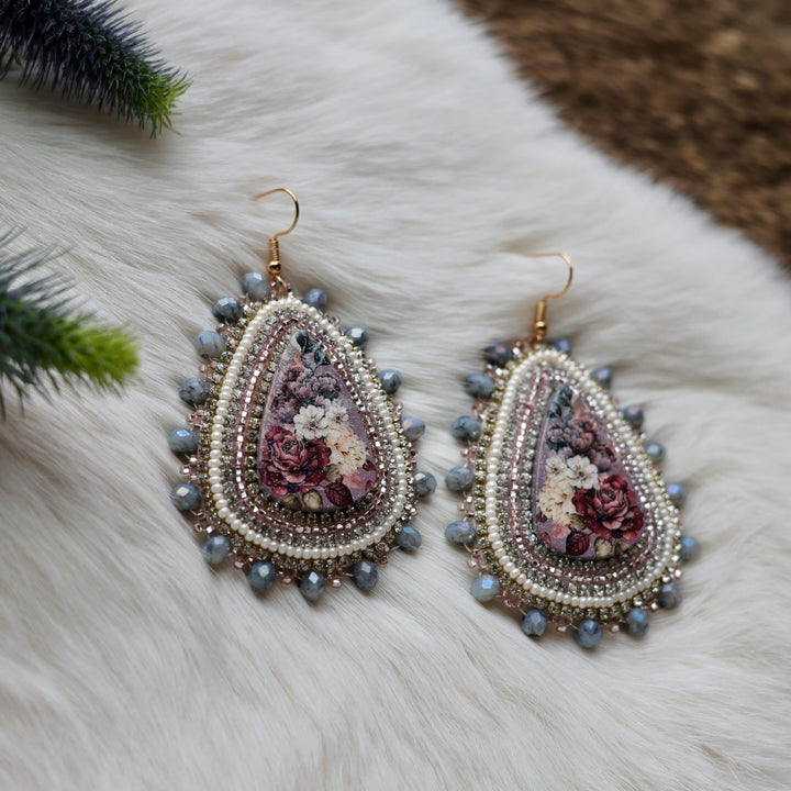 Mercedes G. Teardrop Floral Cab Beaded Earrings