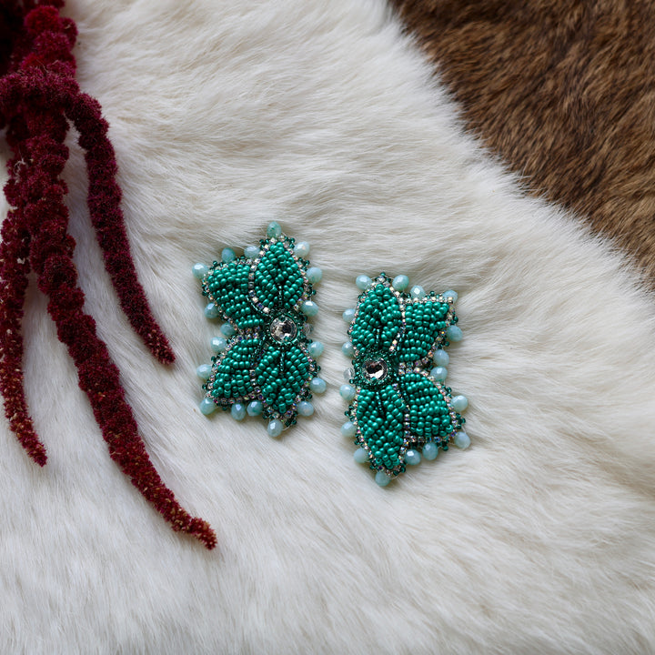 Mercedes G. Teal Raised Half Floral Earrings