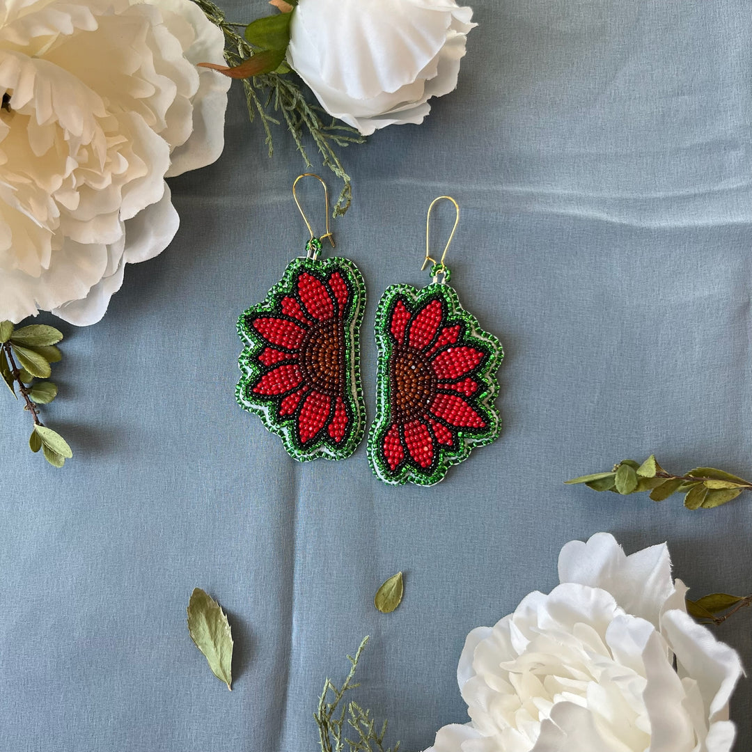 Beading Therapy Red Sunflower Beaded Earrings