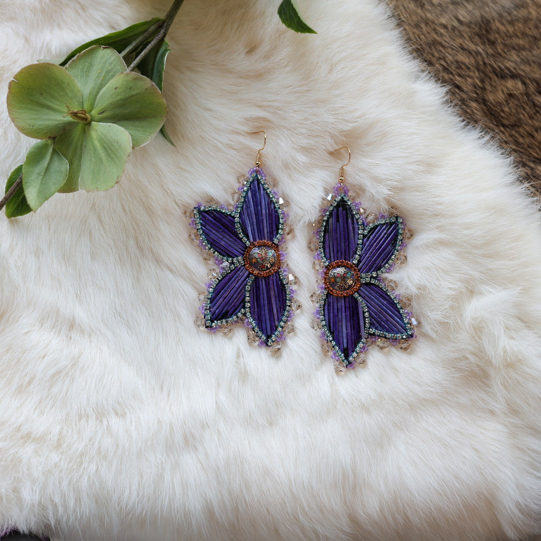 Mercedes G. Purple Quill Half Floral Earrings Large