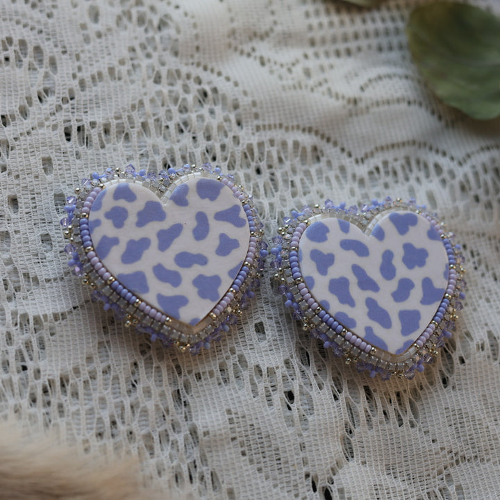 Prairie Sage Beadwork Cow Print Heart Beaded Earrings