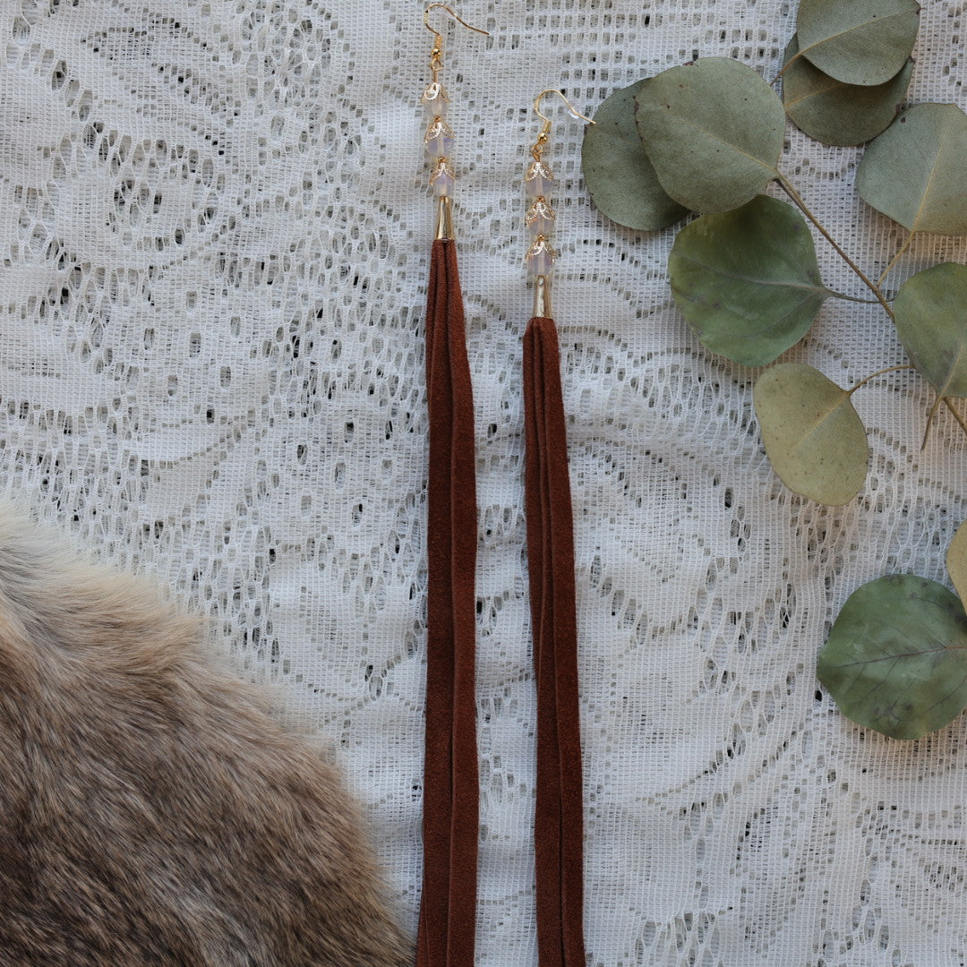 Prairie Sage Beadwork Cowhide Tassel Earrings