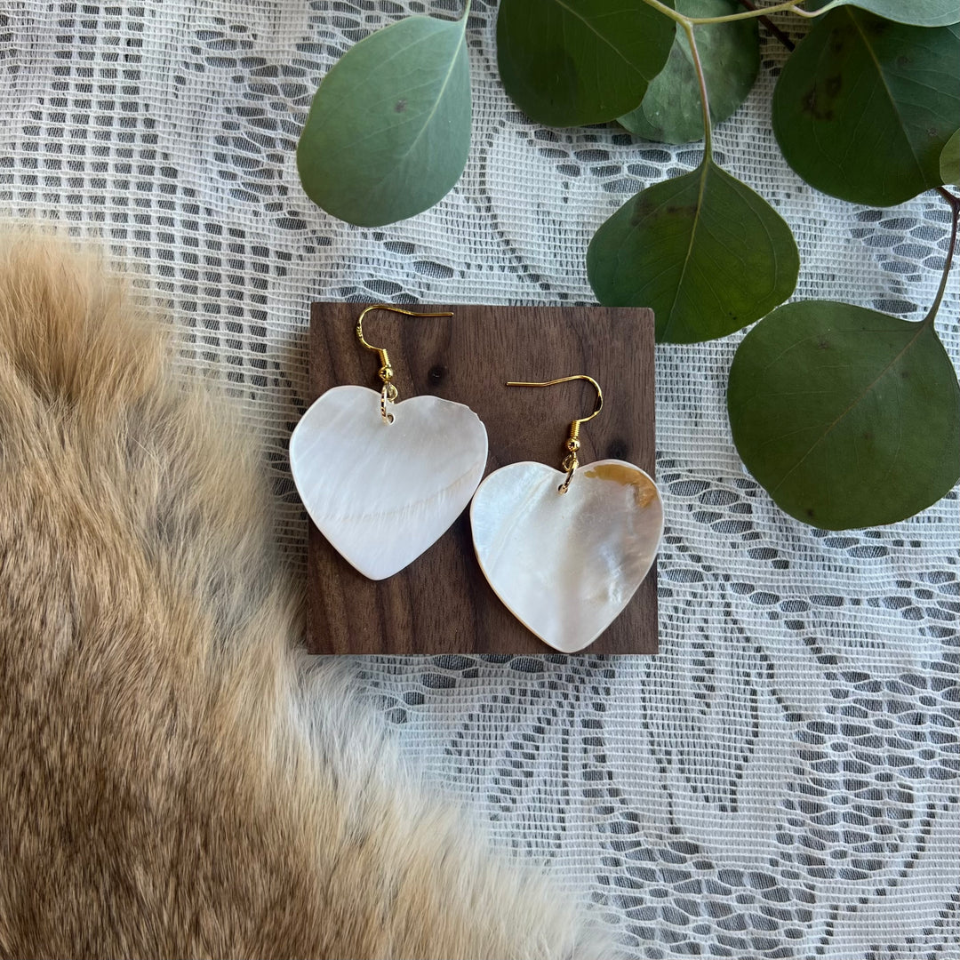 Prairie Sage Beadwork Mother of Pearl Heart Drop Earrings