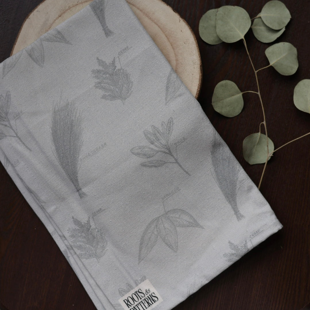 Roots and Patterns Our Medicines Grey Tea Towel