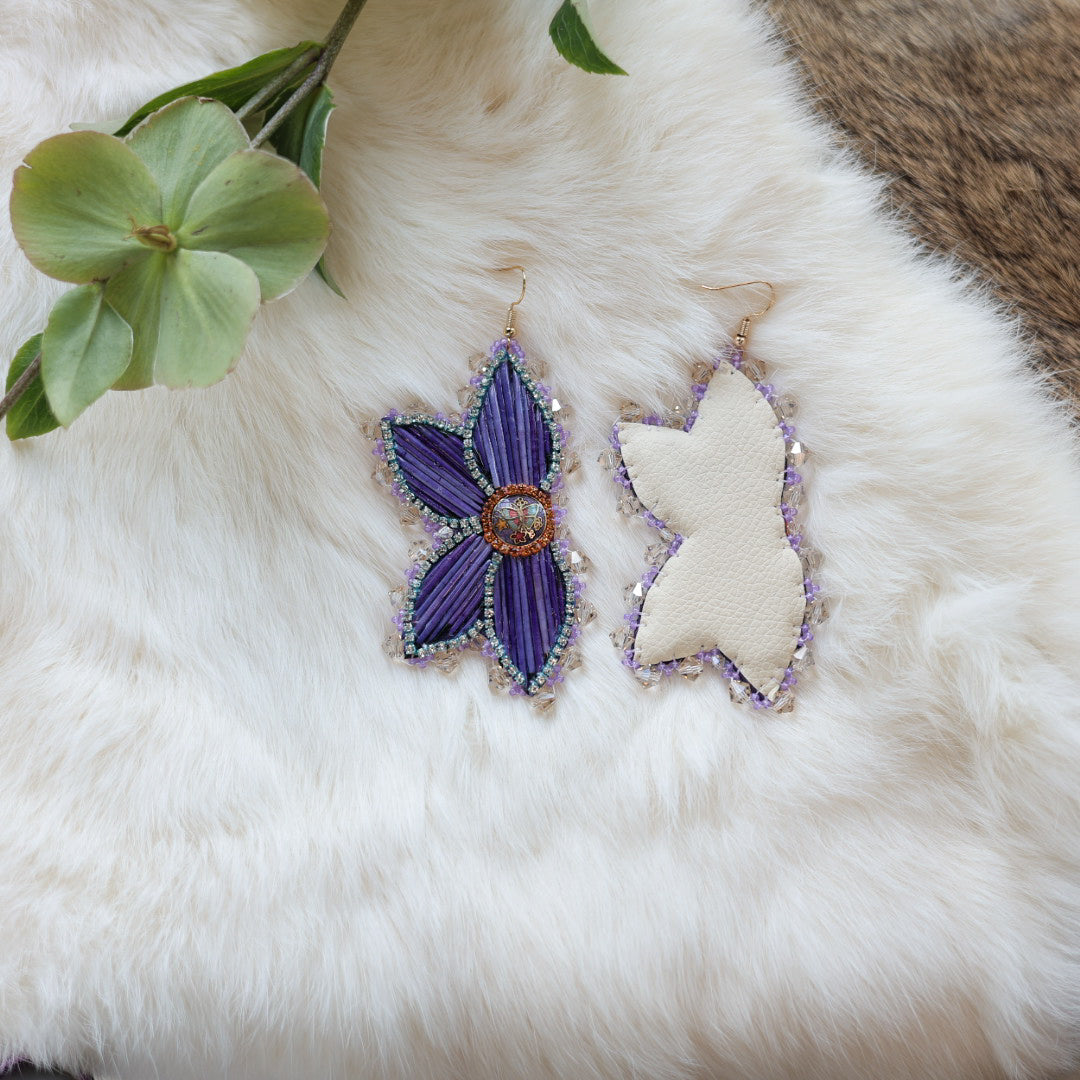 Mercedes G. Purple Quill Half Floral Earrings Large