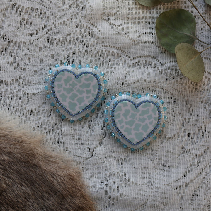 Prairie Sage Beadwork Cow Print Heart Beaded Earrings