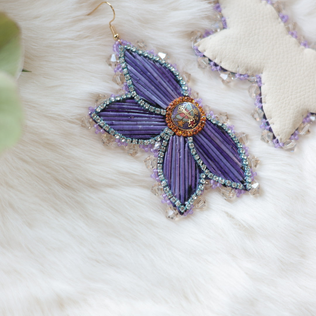 Mercedes G. Purple Quill Half Floral Earrings Large