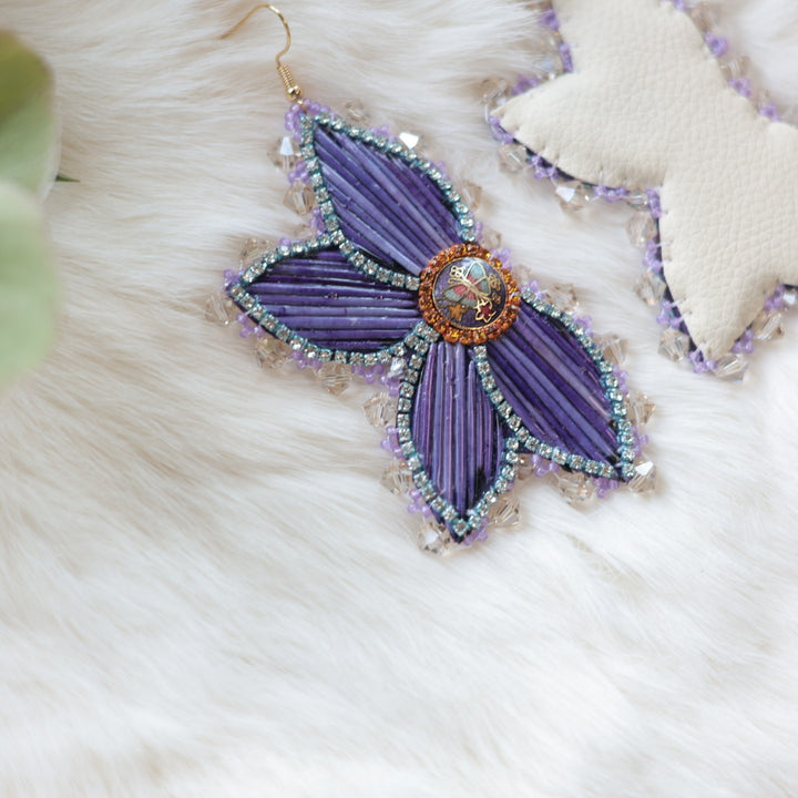 Mercedes G. Purple Quill Half Floral Earrings Large