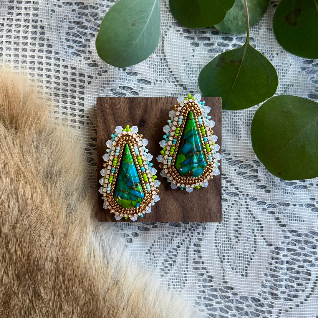 Prairie Sage Beadwork Oyster Turquoise Stone Beaded Earrings