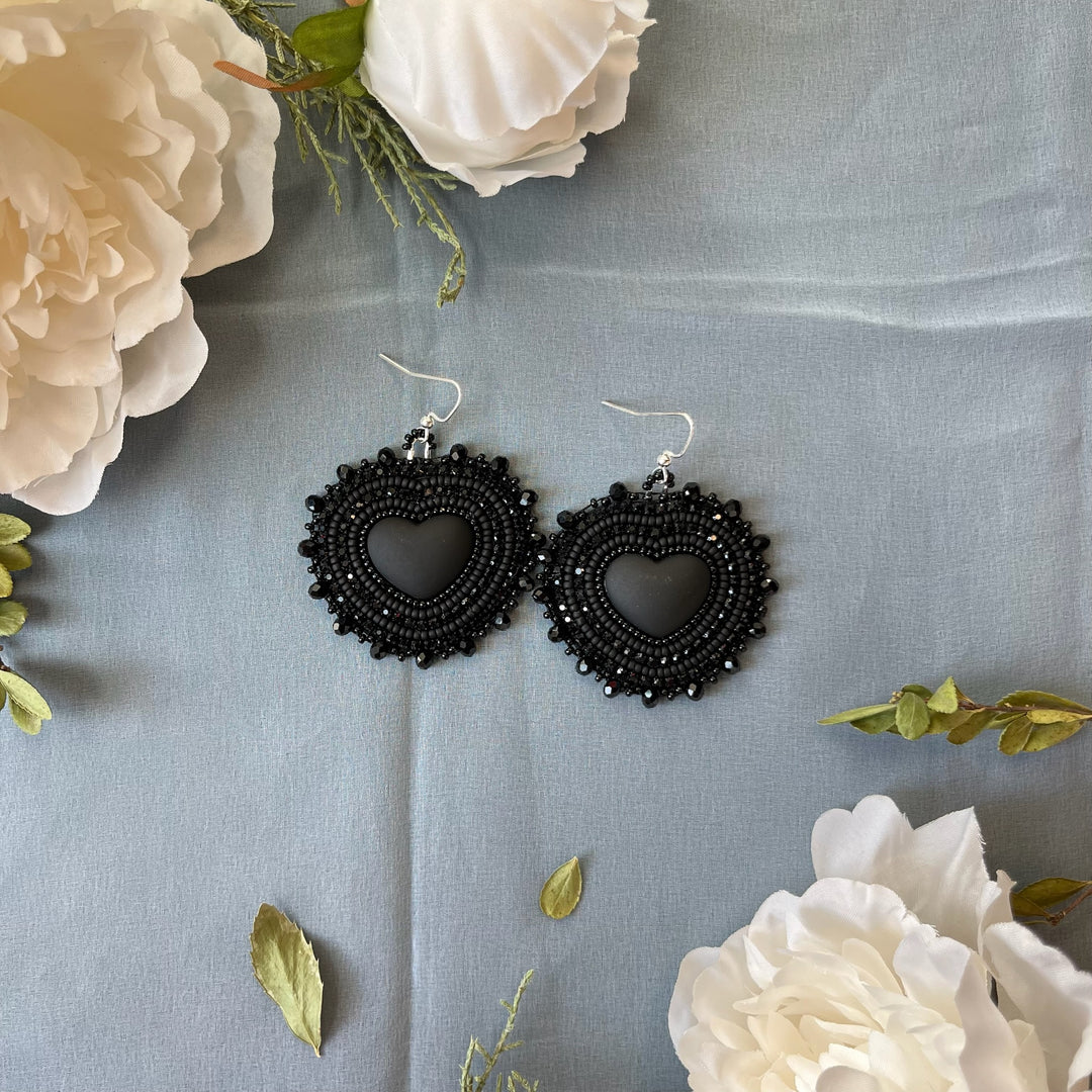 Beading Therapy Black Heart Beaded Earrings