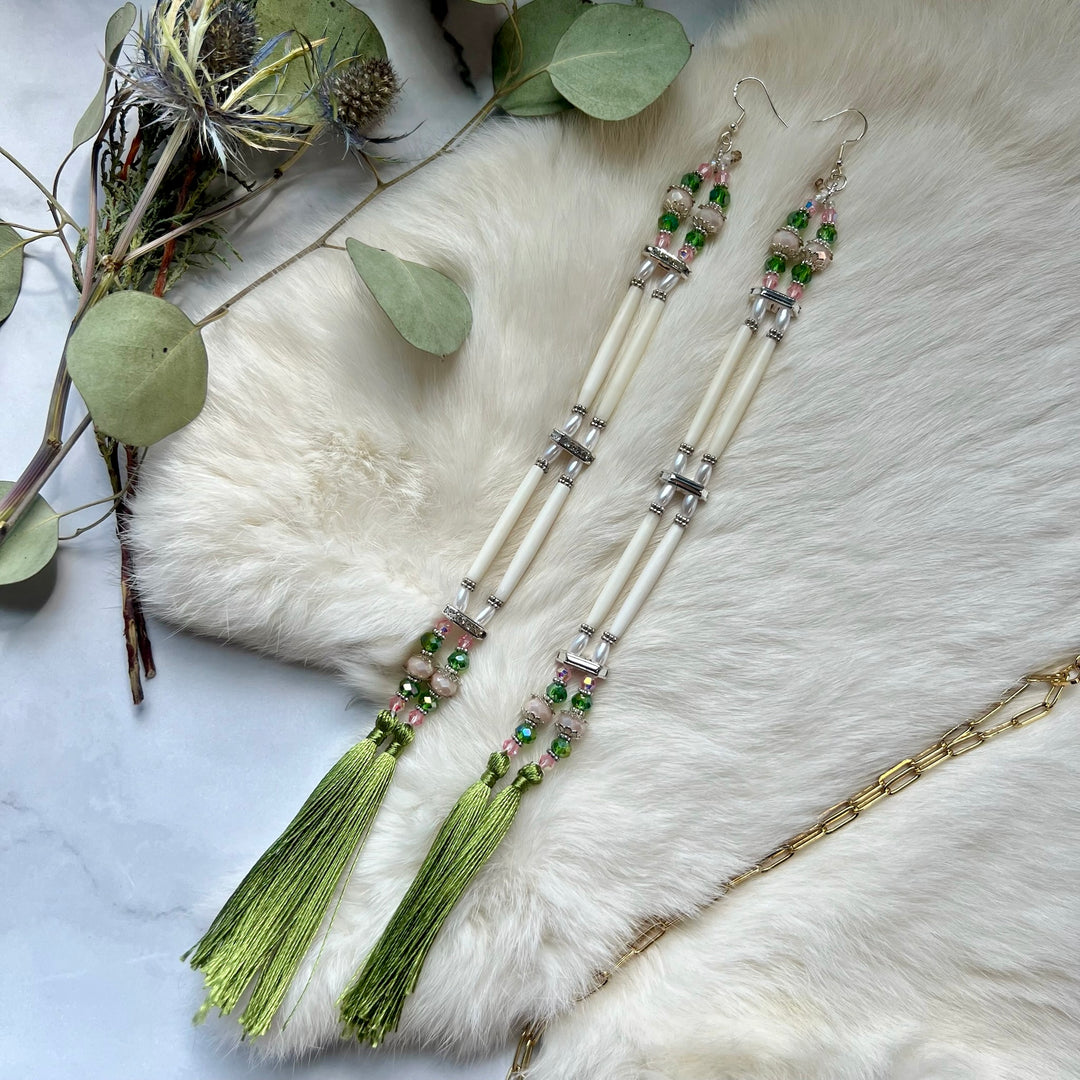 Kristina Cardinal Hair Pipe Bone Bead Olive Tassel Earrings