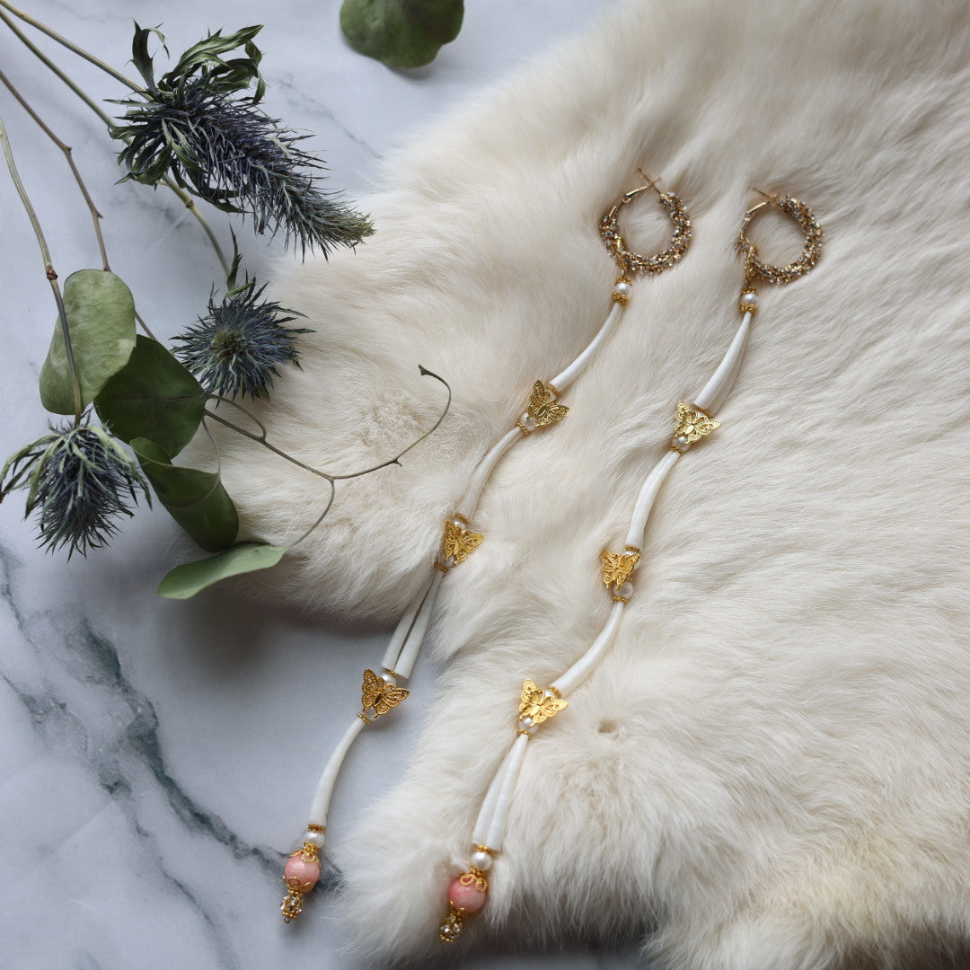 Kristina Cardinal Rhinestone Hoop & Dentalium Drop Earrings