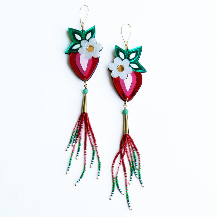 SACRD THNDR Strawberry Medicine//Beaded Fringe Earrings