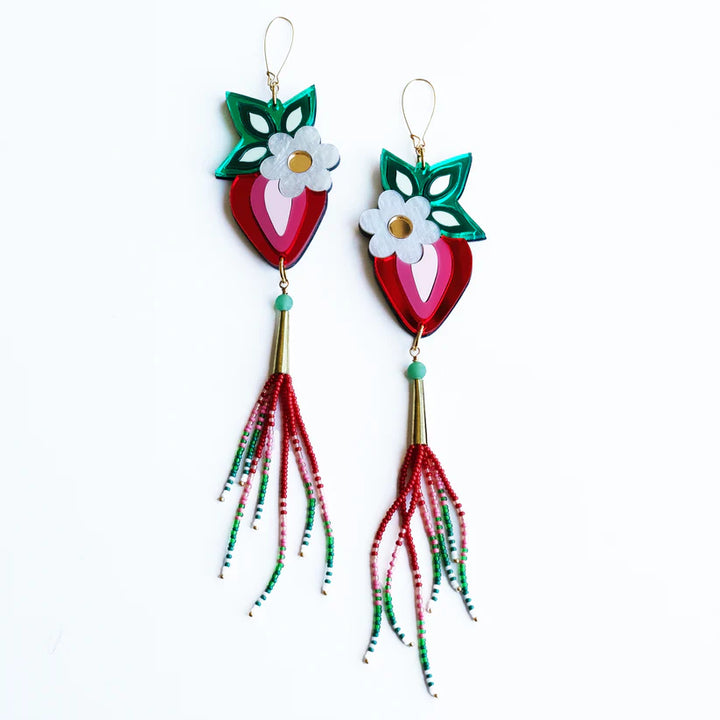 SACRD THNDR Strawberry Medicine//Beaded Fringe Earrings
