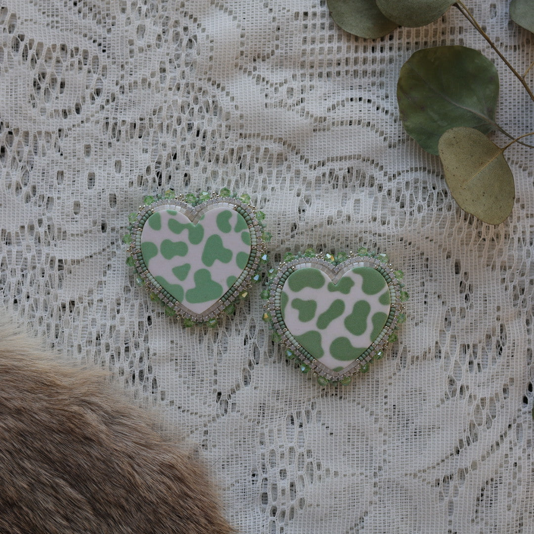 Prairie Sage Beadwork Cow Print Heart Beaded Earrings