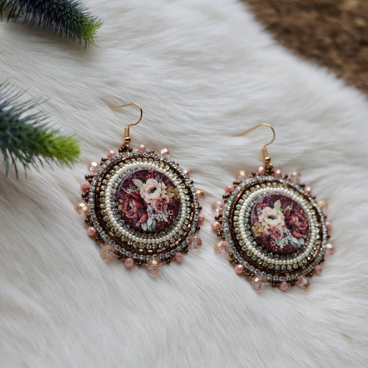 Mercedes G. Neutral Floral Cab Beaded Earrings